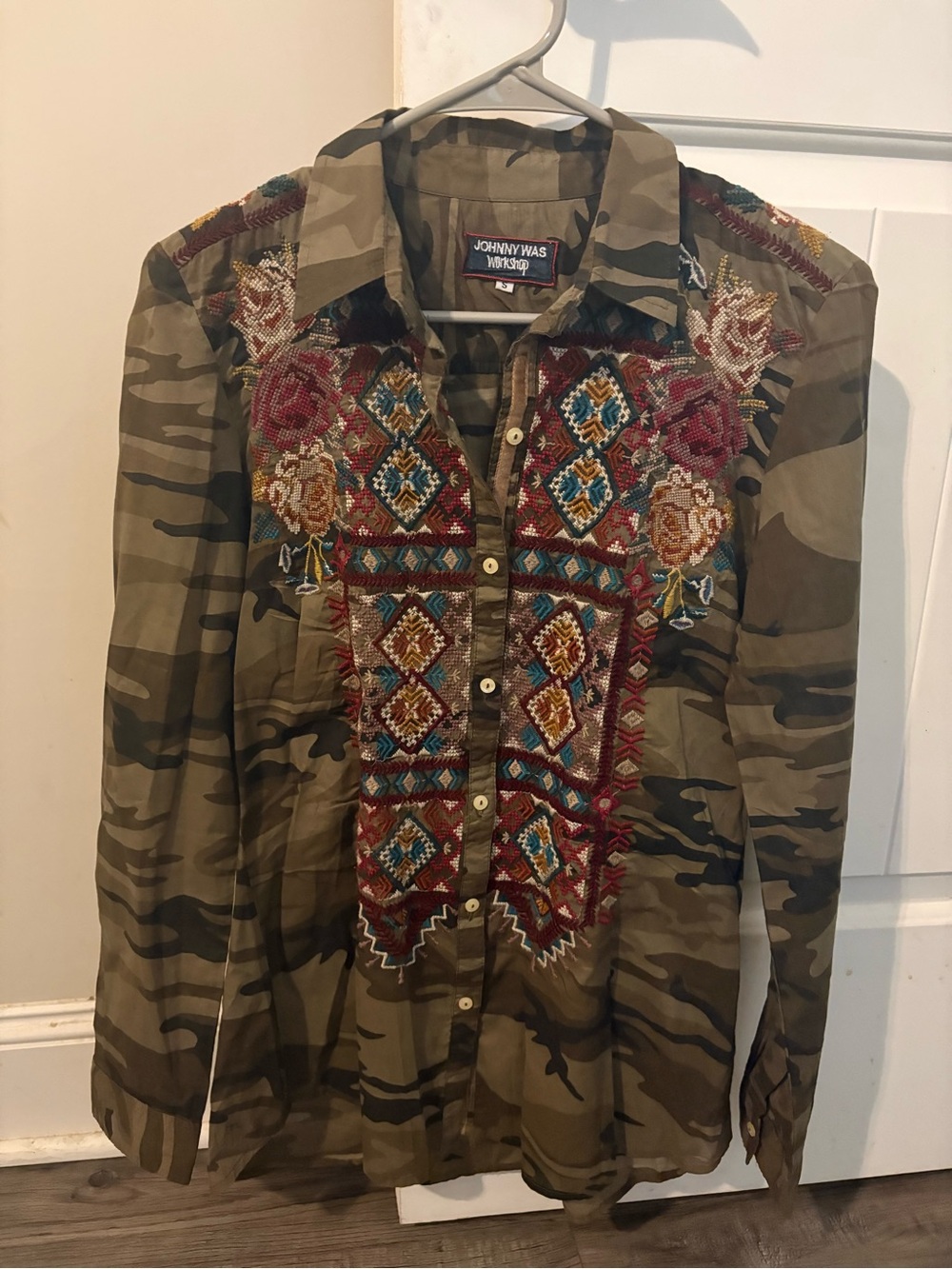 Johnny Was Workshop Camo Embroidered Button Down Top
